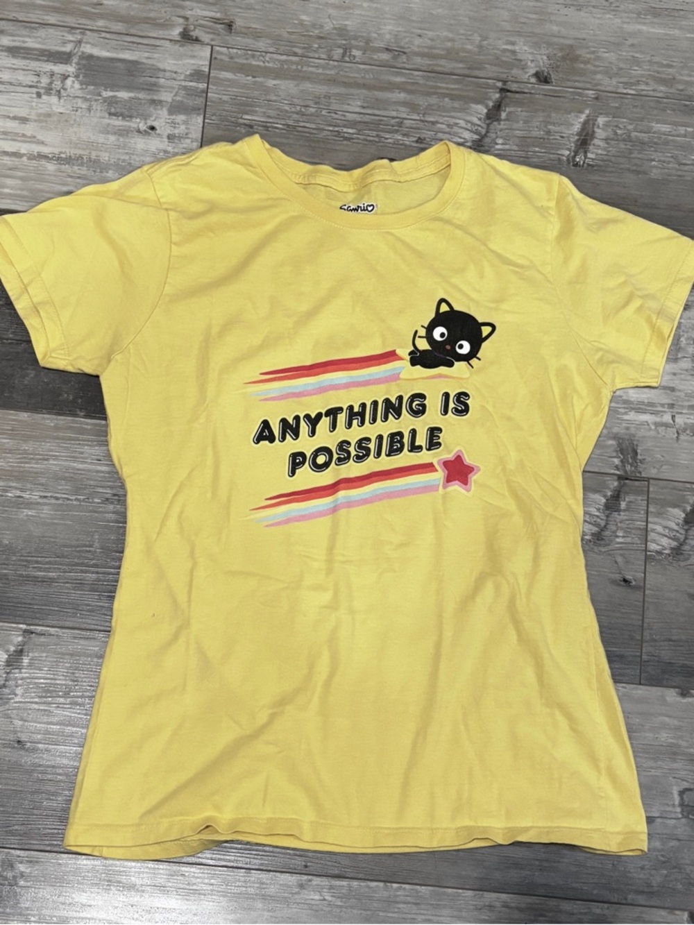 Sanrio Chococat “Anything Is Possible” Yellow Tee Small Kawaii Graphic T-Shirt